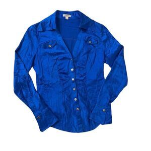 Cache Vintage Blue silk button-up shirt with a vintage vibe